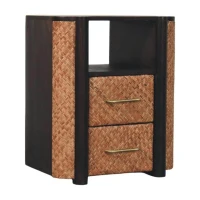 Solid Mango Wood Curved-Edge Rattan Bedside Table with 2 Drawers, Bedside Cabinet with Open Shelf, 40L x 50W x 60H cm, Brown(m-10)