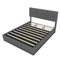 Modern Velvet Upholstered Bed with 3-Stage Adjustable Headboard, Double Bed with LED Lighting and USB, 155L x 202W x 115H cm, Dark Gray(m-10)