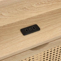 4ft6 Wooden Double Bed with LED Strip Light and Headboard Storage, Storage Bed with Charging Port, 208L x 137.5W x 104.5H cm, Natural+Black(m-9)