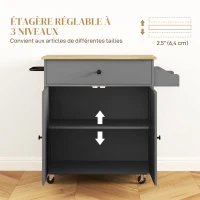 HOMCOM Desserte de cuisine sur roulettes, Îlot central cuisine tiroir étagère réglable support à épices et porte-serviette gris(m-6)