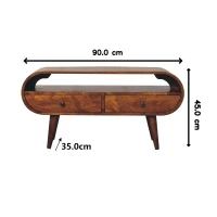 100% Solid Mango Wood Round TV Stand with 2 Smooth‑Gliding Drawers and Open Slot, Table for Living Room, 35L x 90W x 45H cm, Brown(m-3)
