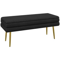 HOMCOM Banco Banqueta Baú de Arrumação 2 em 1 Assento Efeito Veludo e Pés em Aço 100x37,5x42 cm Preto e Dourado(m-7)