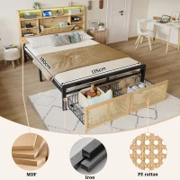 4ft6 Wooden Double Bed with LED Strip Light and Headboard Storage, Storage Bed with Charging Port, 208L x 137.5W x 104.5H cm, Natural+Black(m-5)
