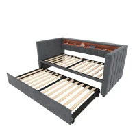 Space-Saving Pull-Out Double Bed with USB Type-C Charging and LED Lighting, Sleeper Sofa with Sturdy Wood, 201L x 100W x 73H cm, Dark Gray(m-10)