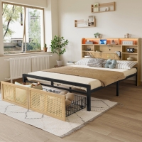 4ft6 Wooden Double Bed with LED Strip Light and Headboard Storage, Storage Bed with Charging Port, 208L x 137.5W x 104.5H cm, Natural+Black