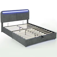 HOMCOM Lit coffre 140 x 190 cm avec éclairage LED, tête de lit réglable, cadre de lit double, sommier à lattes en bois, gris(m-1)