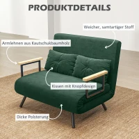 HOMCOM Slaapbank 2-zits Fluwelen sofa, slaapfunctie, incl. 2 kussens, fluweel-look, Naturel + Groen(m-6)