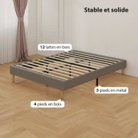 HOMCOM Cadre de lit 140 x 190 cm avec sommier à lattes en bois, lit double rembourré en velours côtelé, gris(m-6)