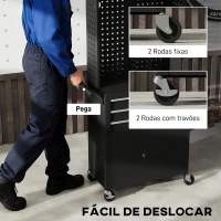 HOMCOM Carrinho de Ferramentas com 3 Gavetas e Painel de Perfurado Fechadura com Chave Prateleira Ajustável 2 Rodas com Travão de Bloqueio 69x33x133 cm Preto(m-7)