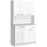 HOMCOM Kitchen Cupboard, Freestanding Kitchen Storage Cabinet with 6 Doors, Drawer, Adjustable Shelves and Open Countertop for Dining Room, White(m-1)