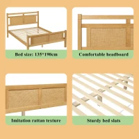 4ft6 Double Bed with Natural Timber Finish and MDF Back Panel, Upholstered Bed with Sturdy Plywood Slats, 199L x 142W x 98H cm, Natural(m-5)
