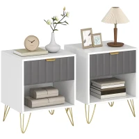 HOMCOM Mesa de Cabeceira Mesa de Apoio Compartimento Aberto Gaveta e Puxador Pés em Aço 45x40x55 Branco e Cinza(m-7)