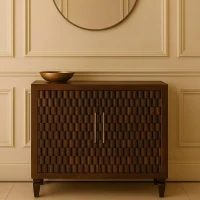 Solid Mango Wood Cabinet with 2 Doors and 2 Shelves, Textured Hand-finished Surface, Table with Playful Animal Carving, 35L x 85W x 86H cm, Brown(m-1)