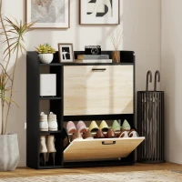 HOMCOM Zapatero Estrecho con 2 Puertas 3 Estantes Laterales y Estantes Ajustables para 15 Pares de Zapatos Natural y Negro(m-2)