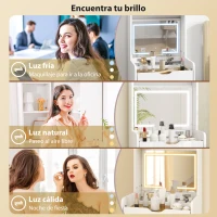 HOMCOM Tocador de Maquillaje con luces LED de 3 Colores Espejo Abatible y Taburete Acolchado 3 Cajones y Estantes Blanco(m-4)