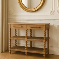 Solid Wood Savoy Bobbin Console Table with Shelves and 4 Shelves, Bedside Table with 2 Smooth-Gliding Drawers, 40L x 115W x 88H cm, Brown(m-1)