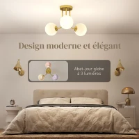 HOMCOM Plafonnier LED 25W, luminaire plafonnier 3 lumières avec douilles G9, abat-jour globe, 42 x 42 x 26,5 cm, doré(m-4)