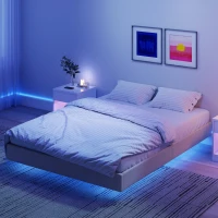 HOMCOM Estrutura de Cama Flutuante 140x190 cm com Iluminação Led Cama de Casal Estofada em Linho Estrado de Ripas em Madeira Bege(m-6)
