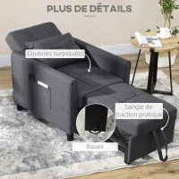 HOMCOM Fauteuil convertible 1 place 3 en 1 dossier réglable en 3 positions oreiller inclus 2 poches latérales 69x82x85cm gris(m-7)
