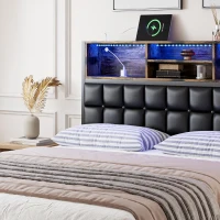 Hydraulic Storage Bed with Charging Sockets and LED Strip, Double Bed with Hydraulic Storage, 208L x 141W x 107H cm, Black+Neutral(m-7)