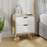HOMCOM Mesa de Cabeceira Estreita Mesa de Apoio 2 Gavetas Silenciosas e Pés em Madeira Maciça 40x35x50 cm Branco Brilhante(m-6)