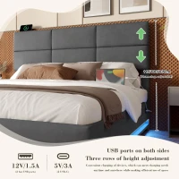 Modern Velvet Upholstered Bed with 3-Stage Adjustable Headboard, Double Bed with LED Lighting and USB, 155L x 202W x 115H cm, Dark Gray(m-7)