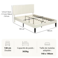 HOMCOM Cadre de lit double 140 x 190 cm lit 2 personnes tête de lit réglable sommier 150 x 198 x 101/106/111/116/121 cm crème(m-3)