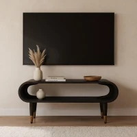 Curved-Edge Solid Mango Wood Media Unit with Brass Accents, Open Slot, Hand-finished Table with Tapered Legs, 35L x 90W x 42H cm, Brown(m-1)