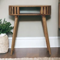 Solid Wood Ariella Console Table with Hand-finished, Open Shelf, Desk with Scandi-inspired Nordic Legs, Circular Design, 30L x 70W x 80H cm, Brown(m-1)