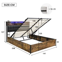 Hydraulic Storage Bed with Charging Sockets and LED Strip, Double Bed with Hydraulic Storage, 208L x 141W x 107H cm, Black+Neutral(m-3)