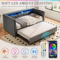Space-Saving Pull-Out Double Bed with USB Type-C Charging and LED Lighting, Sleeper Sofa with Sturdy Wood, 201L x 100W x 73H cm, Dark Gray(m-4)