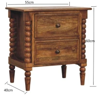 Solid Mango Wood Spindle-Leg Bedside Table with 2 Smooth-Gliding Drawers, Ample Storage, Desk for Living Room, 40L x 55W x 60H cm, Brown(m-3)