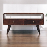 Solid Mango Wood Curved Media Unit with 2 Drawers and Open Shelf, Eco-Conscious TV Unit with Lemon Scent, 35L x 90W x 47H cm, Brown