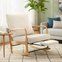 HOMCOM Poltrona Baloiço com Encosto Ajustável de Veludo Cotelê Nórdica Pés de Madeira Braços Almofada Lombar 70x89x97,5 cm Creme(m-2)