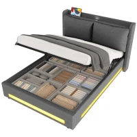 Modern Upholstered Bed with Headboard Shelf and Dual USB‑C Ports, Double Bed with LED Lighting, 142.5L x 200W x 114H cm, Dark Gray(m-11)