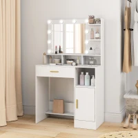 HOMCOM Coiffeuse avec miroir et 10 lumières LED, luminosité réglable, tiroir, placard et étagères ouvertes, 80x40x135cm, blanc(m-10)