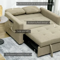 HOMCOM Loveseat Sofa Bed, Convertible Bed Settee with 2 Cushions, Side Pockets for Living Room, Light Brown(m-7)