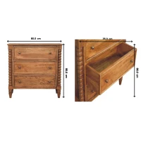 Solid Mango Wood Spindle Chest with 3 Drawers and Turned Spindle Legs, Bedside Cabinet with Ample Storage, 35L x 80W x 80H cm, Brown(m-3)