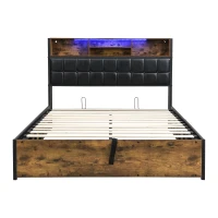 Hydraulic Storage Bed with Charging Sockets and LED Strip, Double Bed with Hydraulic Storage, 208L x 141W x 107H cm, Black+Neutral(m-2)