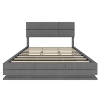 Modern Velvet Upholstered Bed with 3-Stage Adjustable Headboard, Double Bed with LED Lighting and USB, 155L x 202W x 115H cm, Dark Gray(m-2)