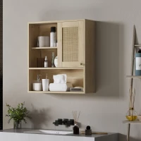 HOMCOM Armário de Parede Móvel Alto para Casa de Banho com Porta Deslizante em Vime e Prateleiras Abertas Madeira Natural(m-6)