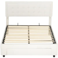 HOMCOM Double Ottoman Bed Frame, with Front Drawer - Cream(m-1)