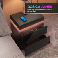 HOMCOM Mesilla de Noche con Luces LED 2 Cajones y Control de APP Mesa de Noche para Dormitorio Salón 45x35x52 cm Negro(m-6)