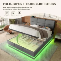 Modern Velvet Upholstered Bed with 3-Stage Adjustable Headboard, Double Bed with LED Lighting and USB, 155L x 202W x 115H cm, Dark Gray(m-6)