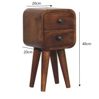 Solid Mango Wood Mini Curved Bedside Cabinet with 2 Smooth-gliding Drawers, Table with Slim Nordic Legs, 20L x 20W x 40H cm, Brown(m-3)