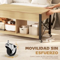 HOMCOM Mesa de Centro Elevable con Ruedas Mesa de Salón con Compartimento Oculto Estantes Abiertos Madera Natural y Blanco(m-5)
