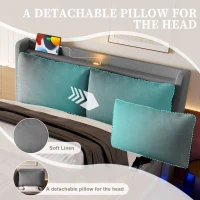 Modern Upholstered Bed with Headboard Shelf and Dual USB‑C Ports, Double Bed with LED Lighting, 142.5L x 200W x 114H cm, Dark Gray(m-9)