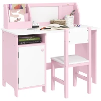 HOMCOM Conjunto de Mesa e Cadeira Infantil de Madeira com Quadro Branco Mesa de Estudo para Crianças acima de 5 Anos 90x45x85cm Rosa(m-9)