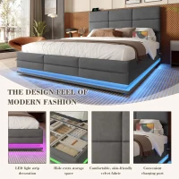 Modern Velvet Upholstered Bed with 3-Stage Adjustable Headboard, Double Bed with LED Lighting and USB, 155L x 202W x 115H cm, Dark Gray(m-5)