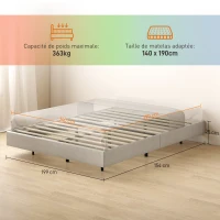HOMCOM Cadre de lit flottant 140 x 190 cm avec éclairage LED, lit double rembourré en lin, sommier à lattes en bois, beige(m-3)